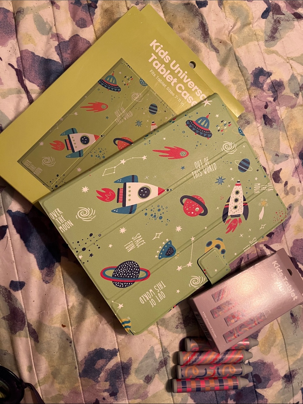 Kids Universal Tablet Case — Green Space Rocket Print